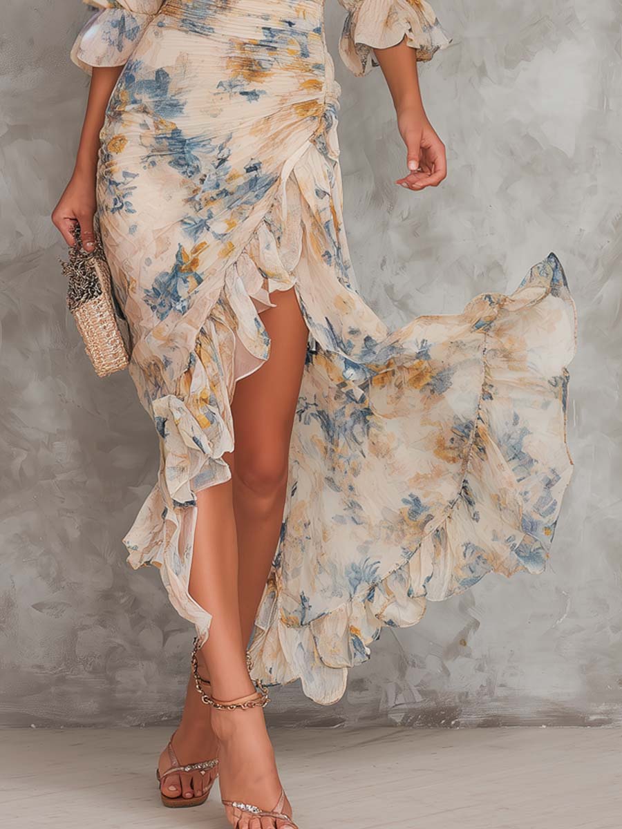 Beige Turtleneck Oil Painting Floral Print Irregular Maxi Dress