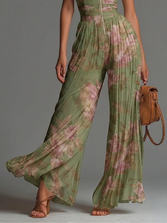 Green Floral V-neck Sleeveless Zip-up Wide-leg Jumpsuit