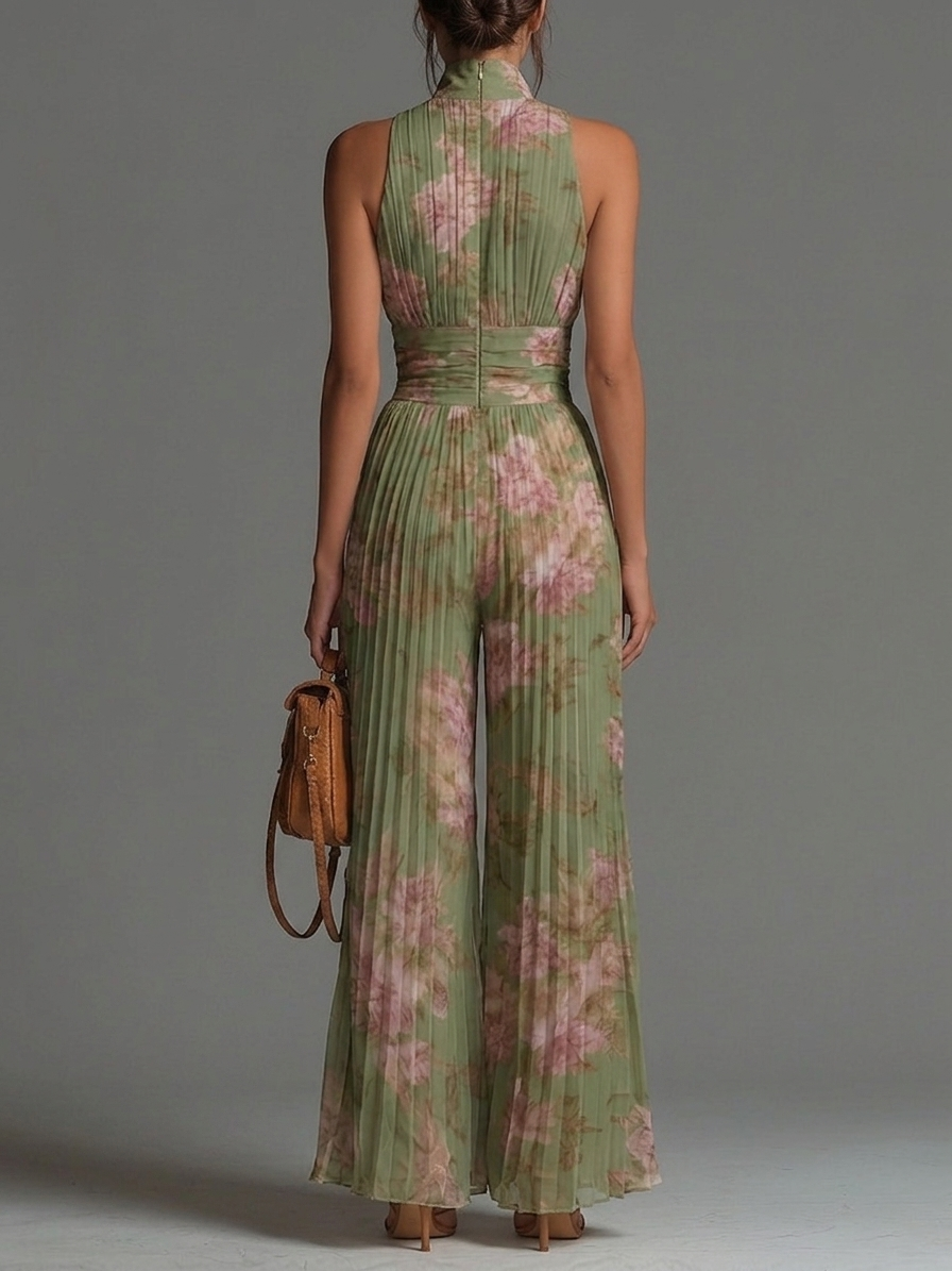 Green Floral V-neck Sleeveless Zip-up Wide-leg Jumpsuit