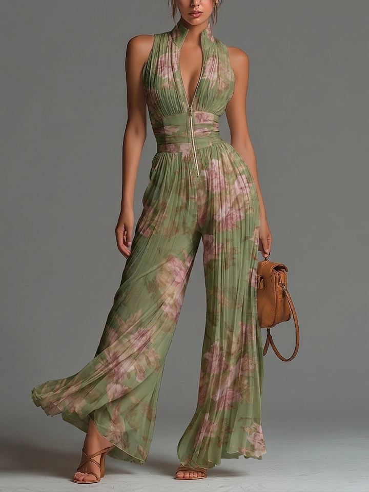 Green Floral V-neck Sleeveless Zip-up Wide-leg Jumpsuit