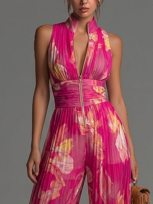 Fuchsia Floral Print Sleeveless Zippered Wide-leg Jumpsuit