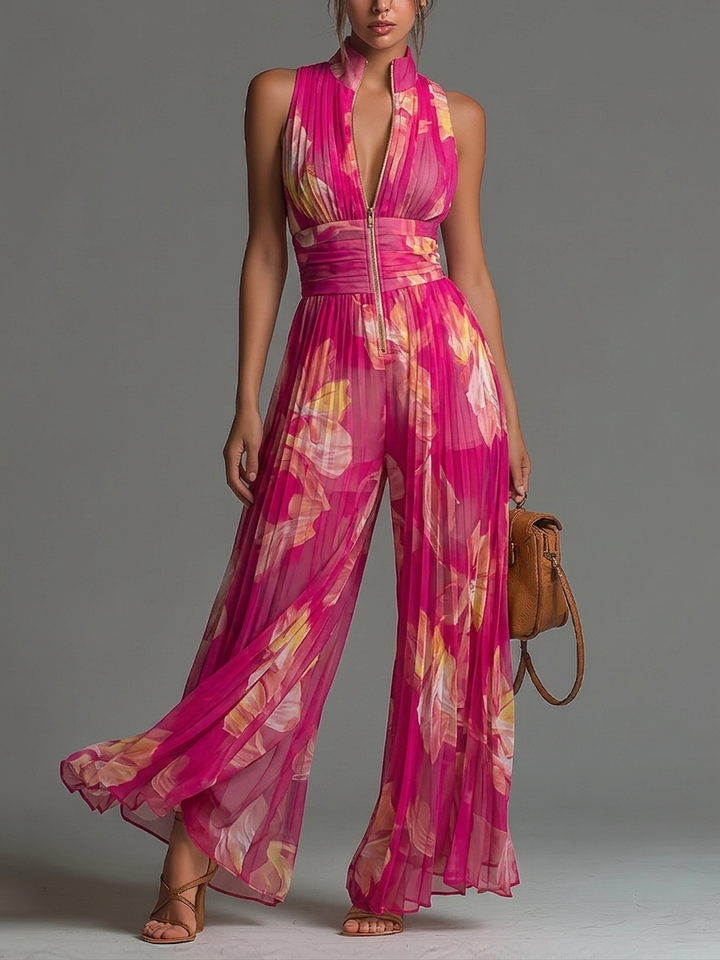 Fuchsia Floral Print Sleeveless Zippered Wide-leg Jumpsuit