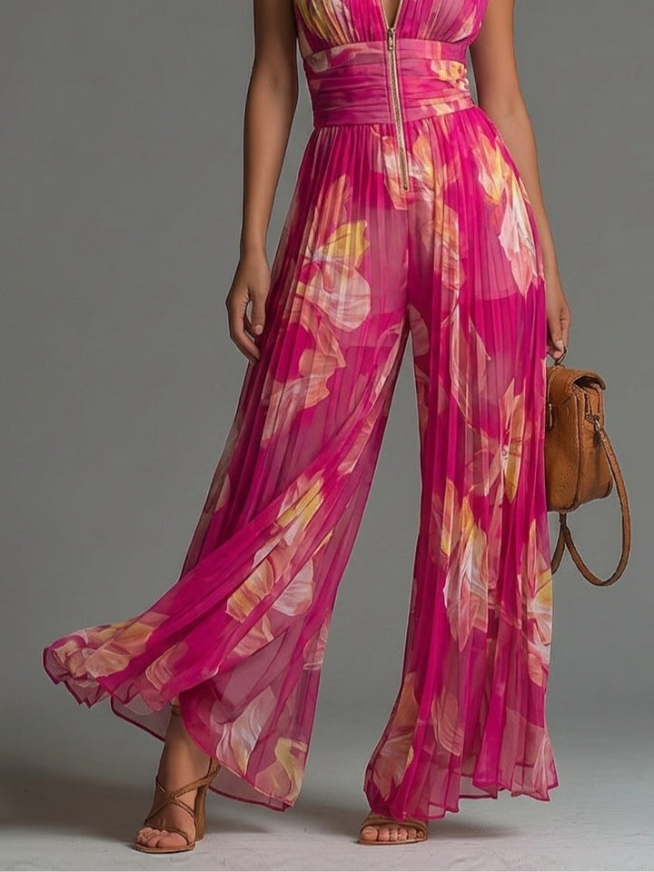 Fuchsia Floral Print Sleeveless Zippered Wide-leg Jumpsuit