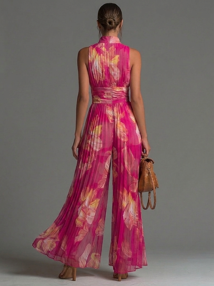 Fuchsia Floral Print Sleeveless Zippered Wide-leg Jumpsuit