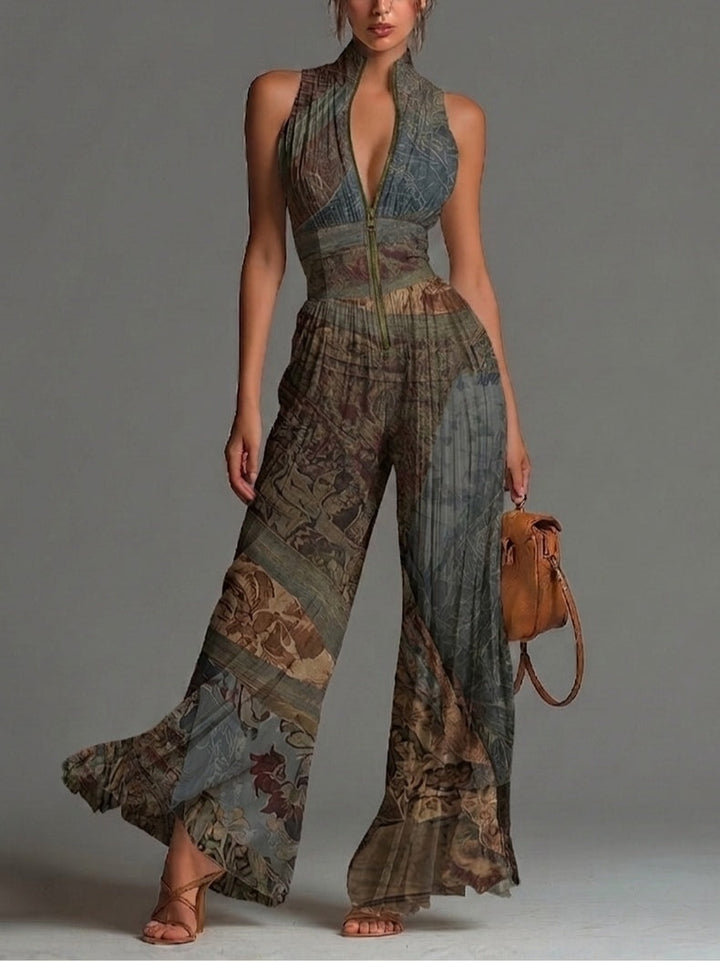 Bohemian Ethnic Print Sleeveless Zipper Wide-leg Jumpsuit