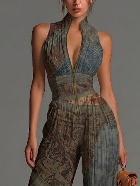 Bohemian Ethnic Print Sleeveless Zipper Wide-leg Jumpsuit