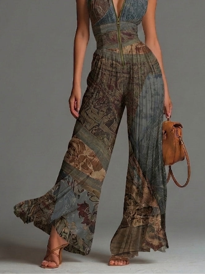 Bohemian Ethnic Print Sleeveless Zipper Wide-leg Jumpsuit