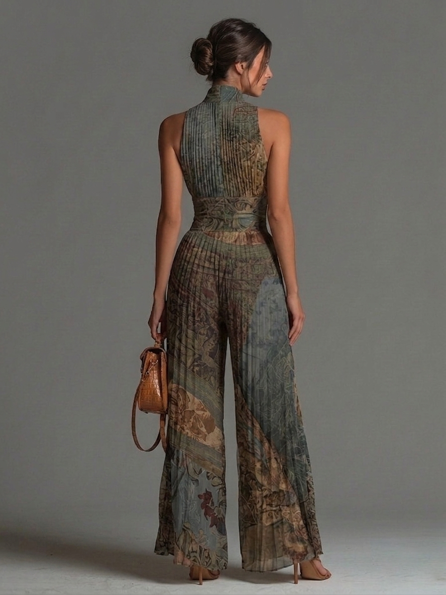 Bohemian Ethnic Print Sleeveless Zipper Wide-leg Jumpsuit