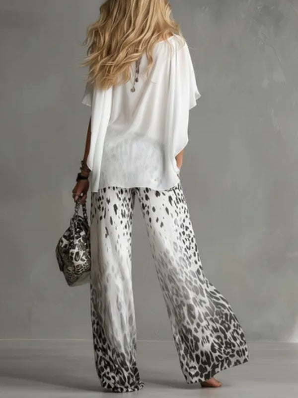 Monica | Boat-Neck T-Shirt & Gradient Leopard Pants Set