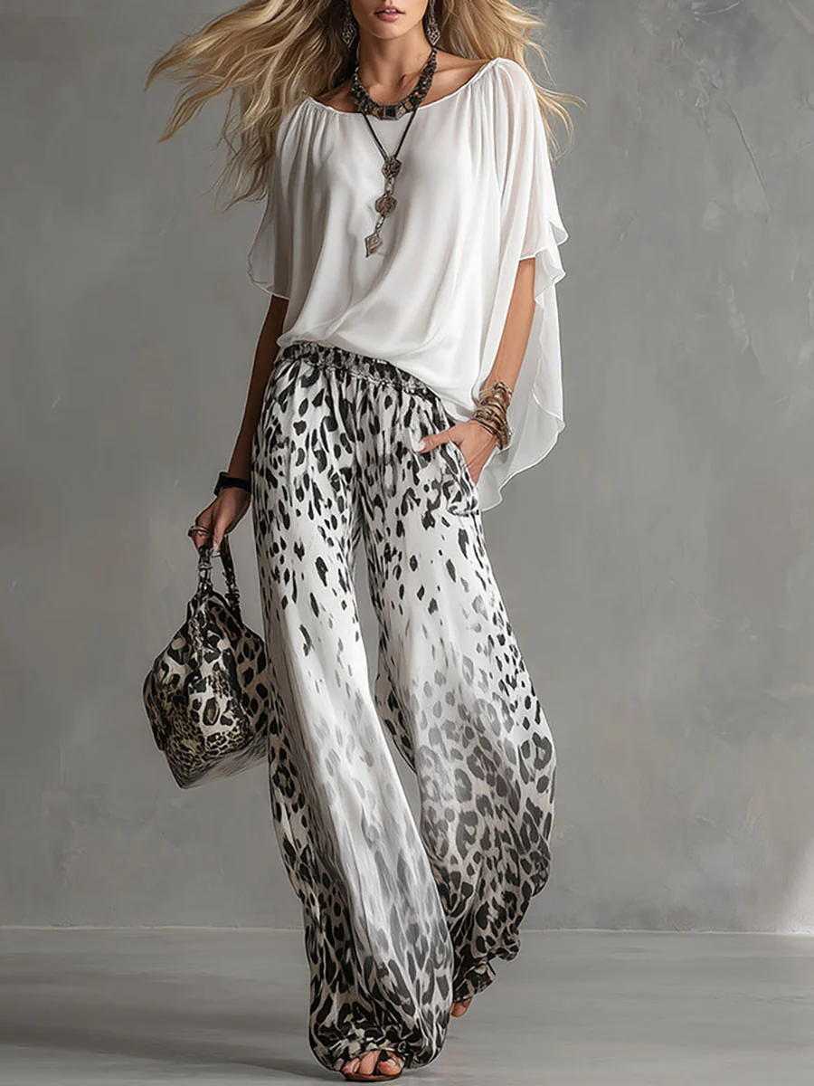 Monica | Boat-Neck T-Shirt & Gradient Leopard Pants Set