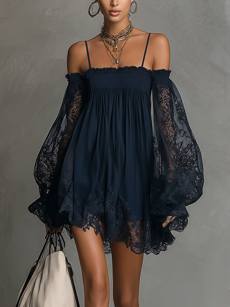 Noemi | Mini dress in navy blue with off-the-shoulder neckline, lace trim, and sheer sleeves