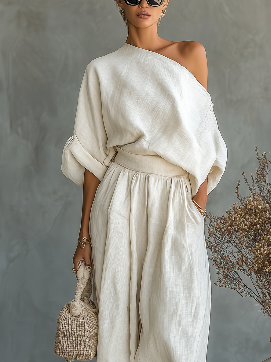 Women's Off-White Linen Set with Off-Shoulder Top and Tapered Pants • S1