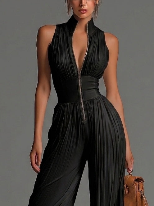 Black V-neck Sleeveless Zip-up Wide-leg Jumpsuit