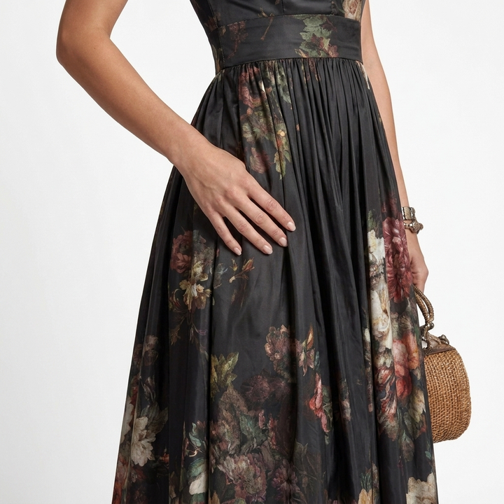 Sophia - Midi Dress with Floral Pleated Design