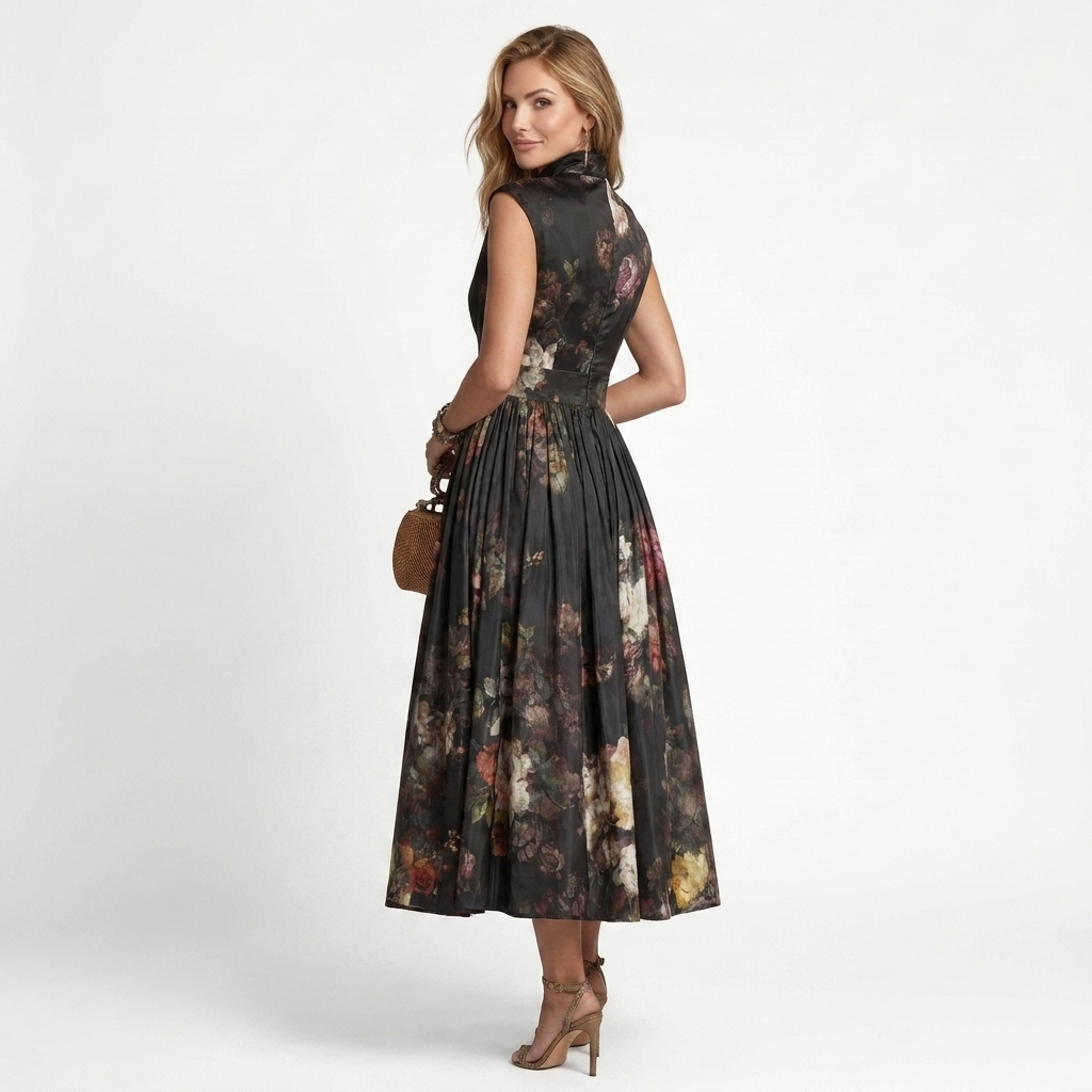 Sophia - Midi Dress with Floral Pleated Design