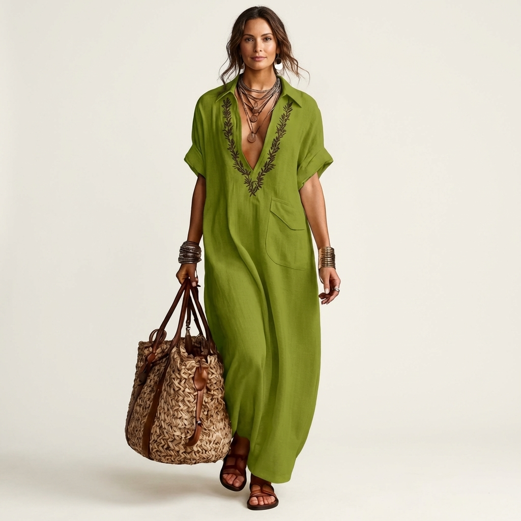 Amarina | Embroidered V-Neck Collar Maxi Dress