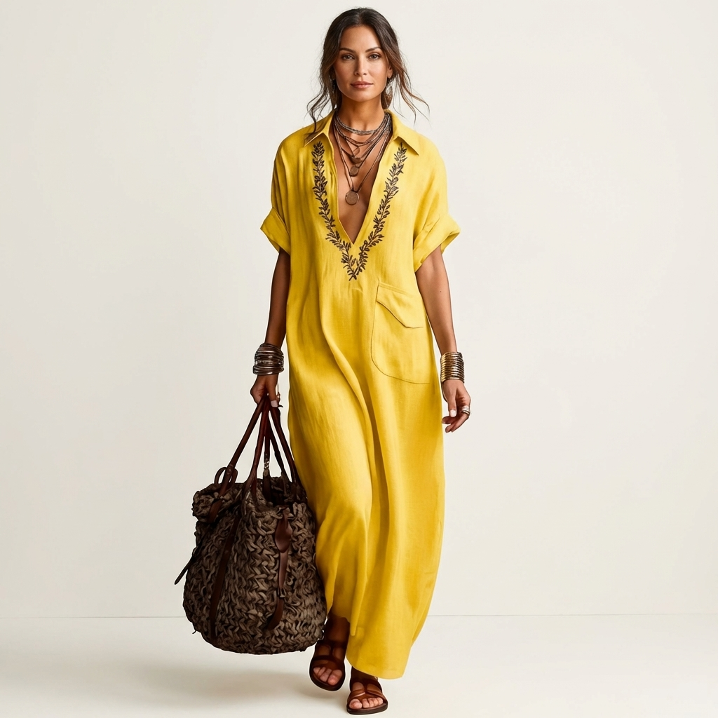 Amarina | Embroidered V-Neck Collar Maxi Dress
