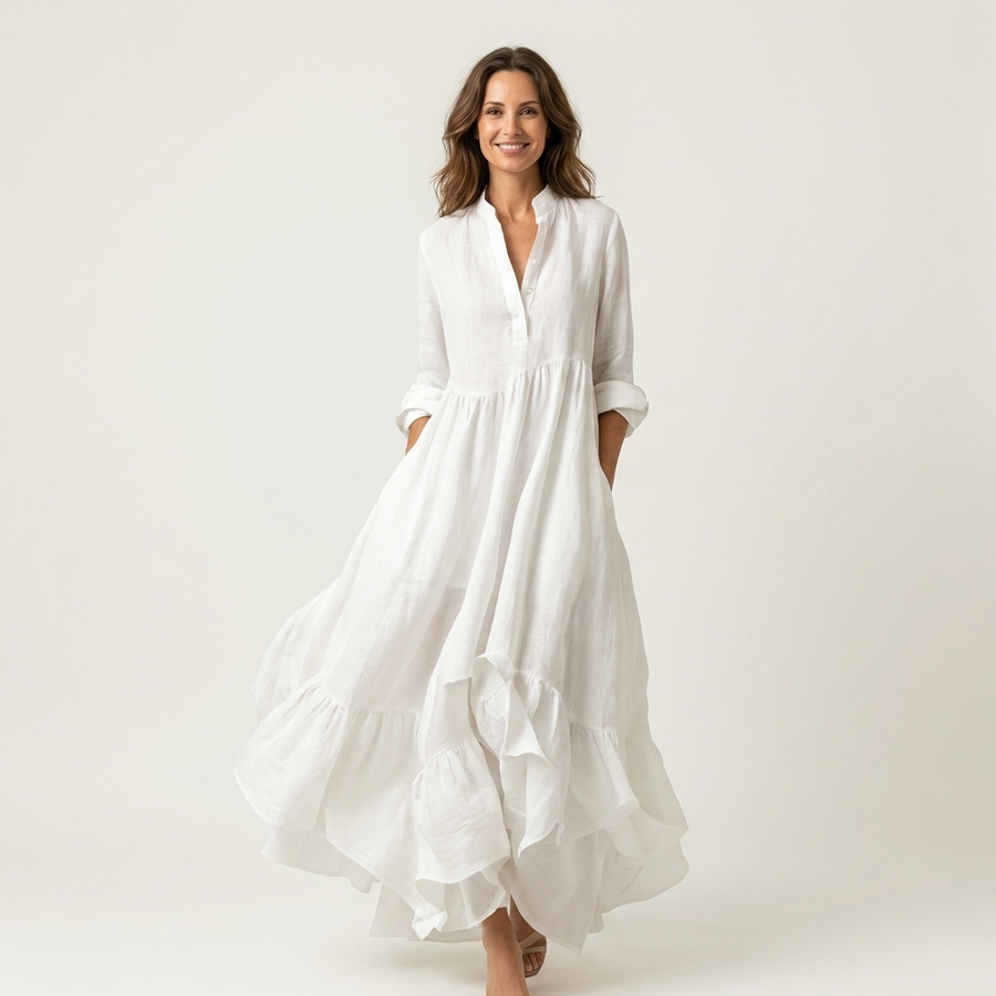 Jilana | Stand-Collar Button-Front Ruffle Maxi Dress