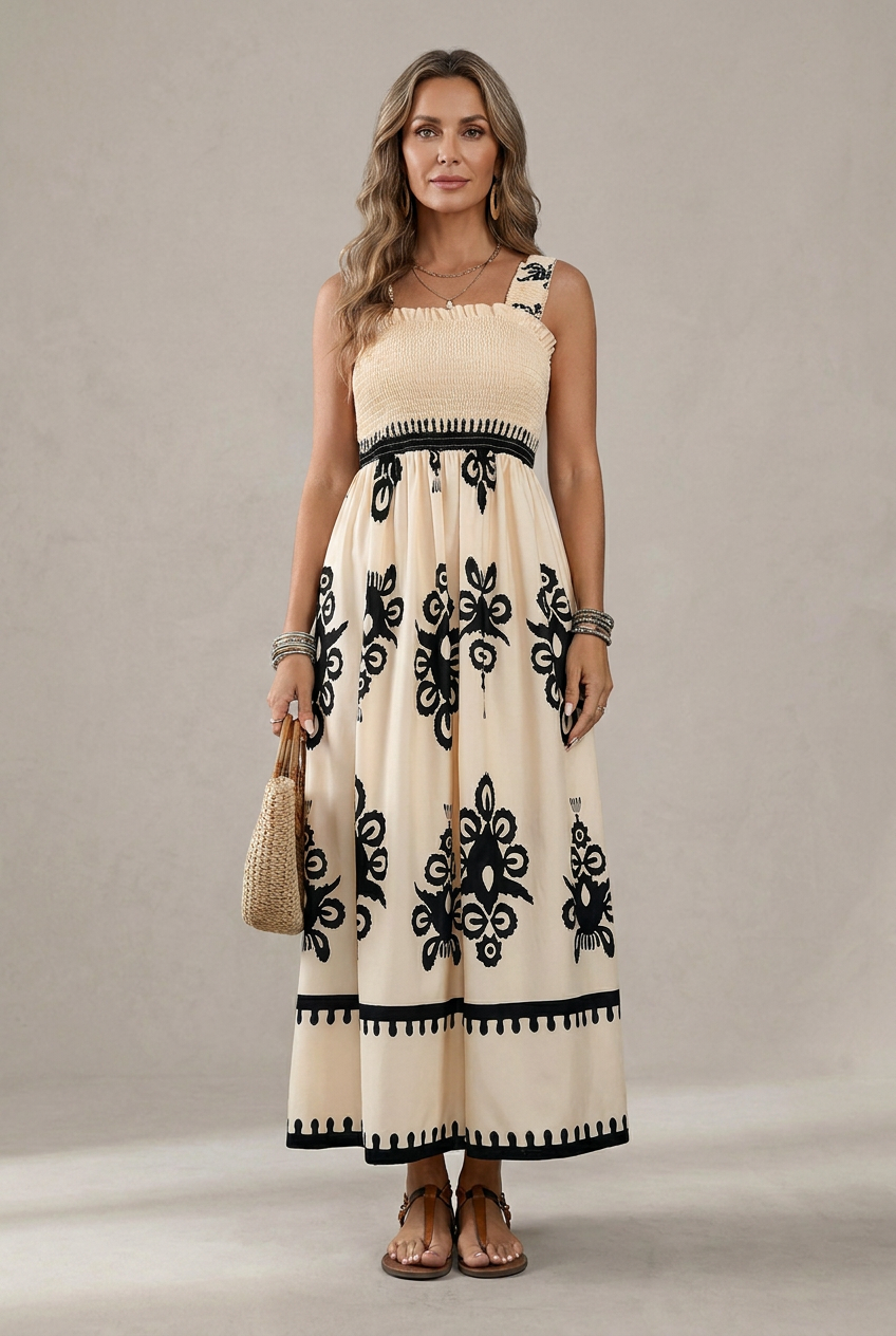 Martina | Maxi dress with artistic print and elastic waistband
