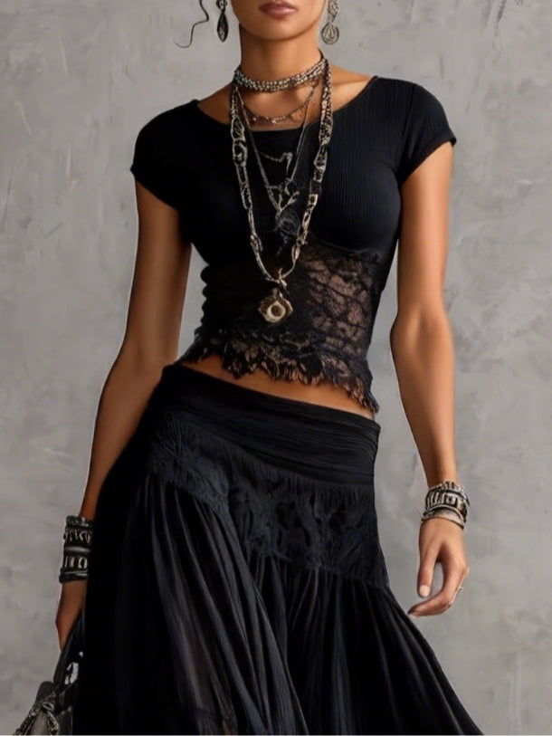 Maya | Lace-Paneled Top & Pleated Maxi Skirt