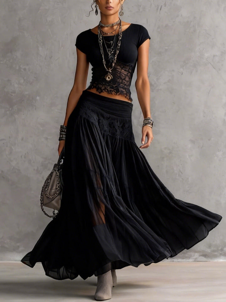 Maya | Lace-Paneled Top & Pleated Maxi Skirt