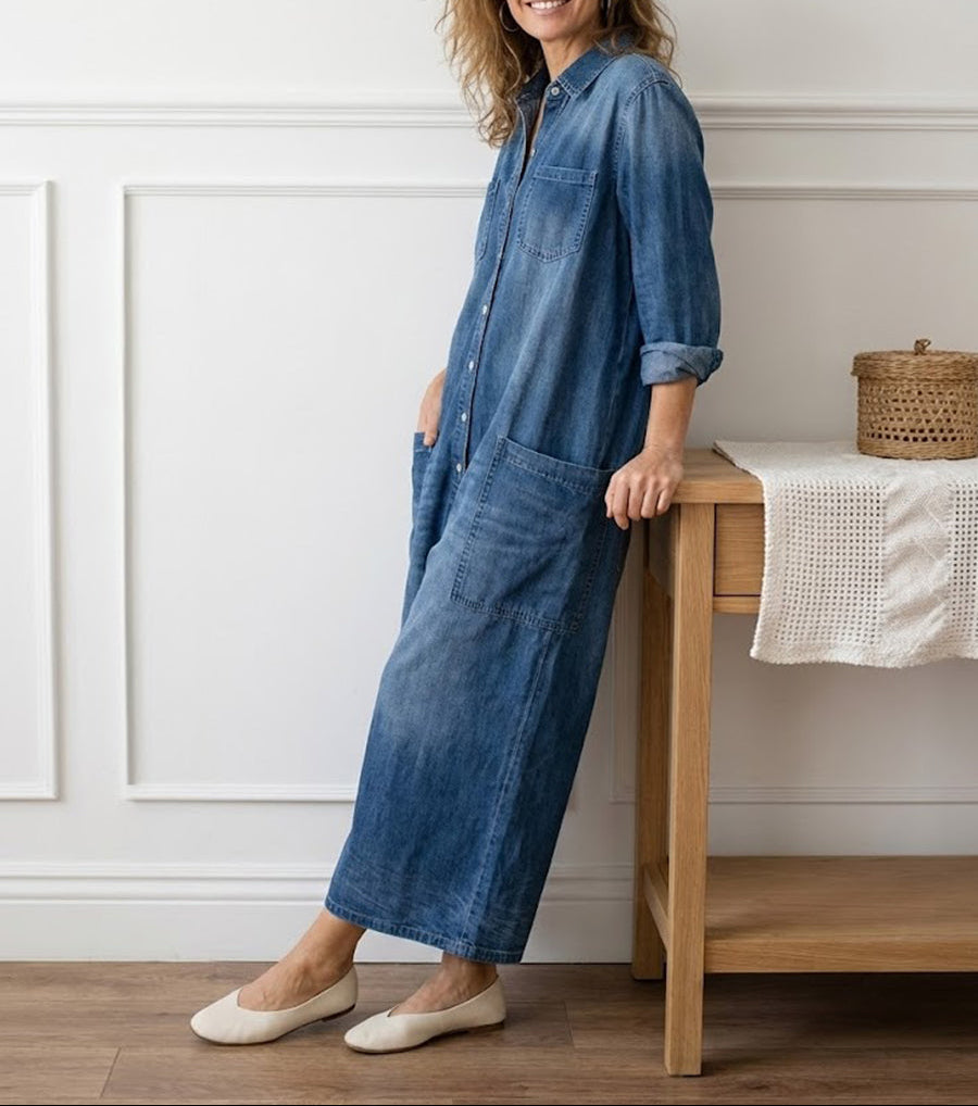 Diana | Vintage Washed Soft Cotton Denim Jumpsuit with Button Closure