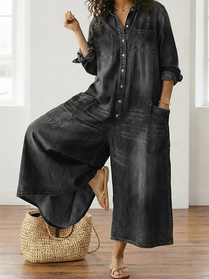 Diana | Vintage Washed Soft Cotton Denim Jumpsuit with Button Closure