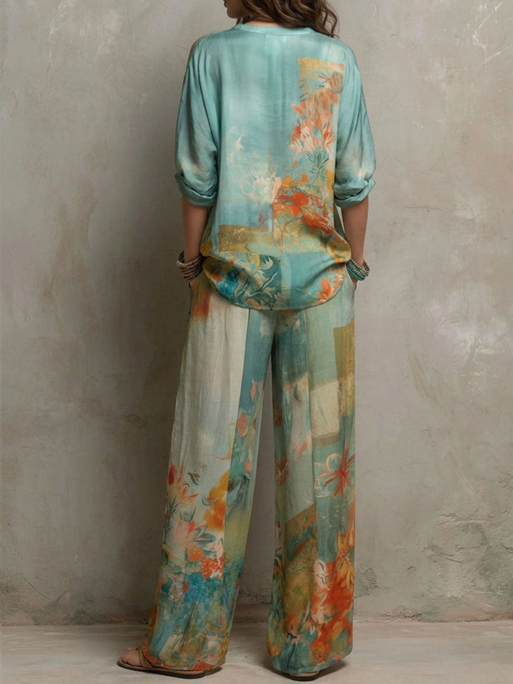 Chiara – Elegant Floral Print Set with Wide-Leg Trousers