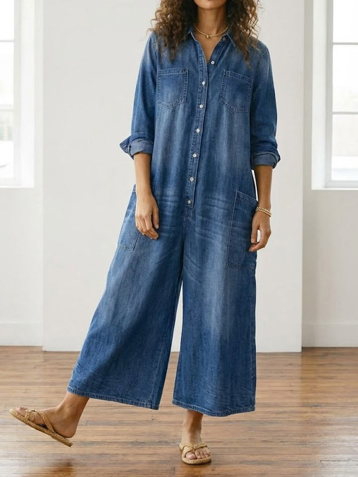 Diana | Vintage Washed Soft Cotton Denim Jumpsuit with Button Closure