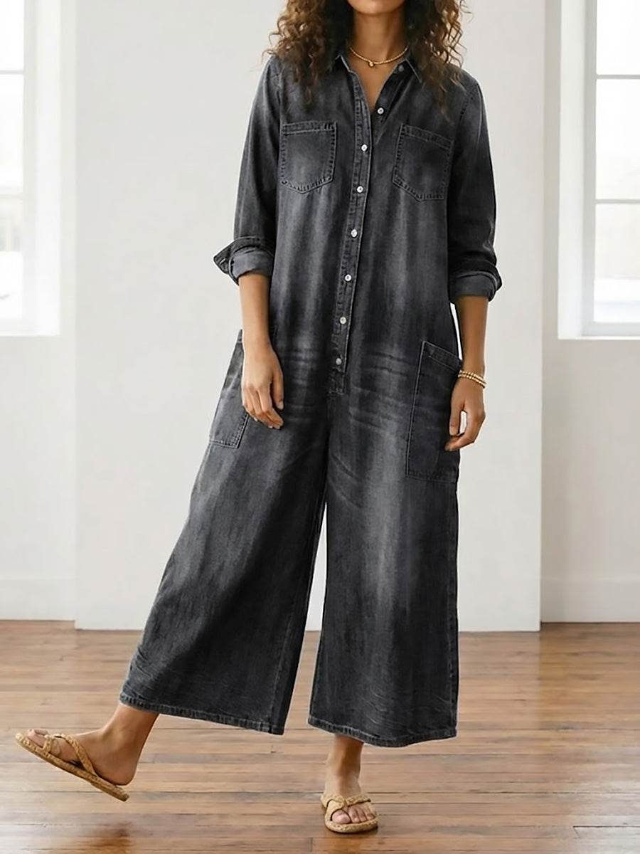 Diana | Vintage Washed Soft Cotton Denim Jumpsuit with Button Closure