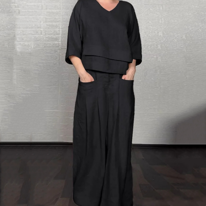 Liza | 2-piece cotton-linen set – V-neck top and wide-leg trousers • S1
