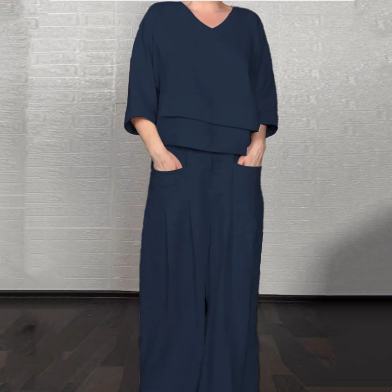 Liza | 2-piece cotton-linen set – V-neck top and wide-leg trousers • S1