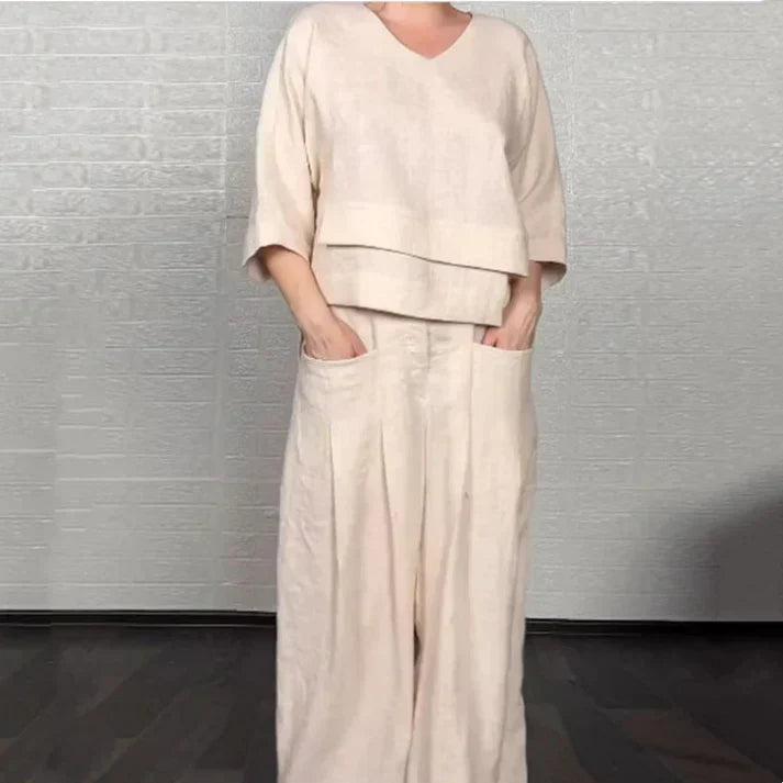Liza | 2-piece cotton-linen set – V-neck top and wide-leg trousers • S1