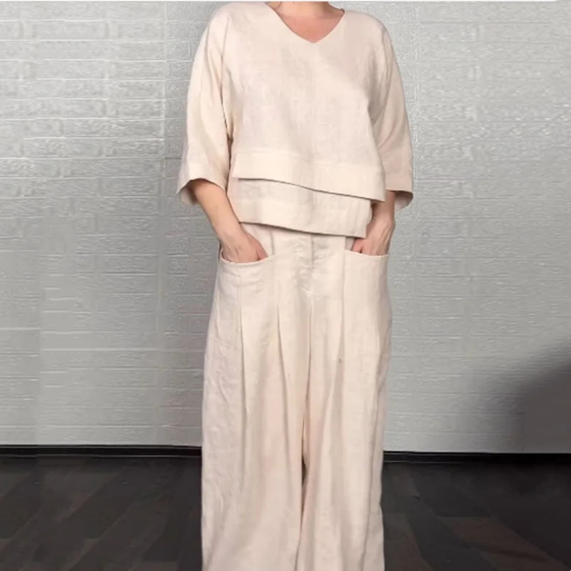 Liza | 2-piece cotton-linen set – V-neck top and wide-leg trousers • S1