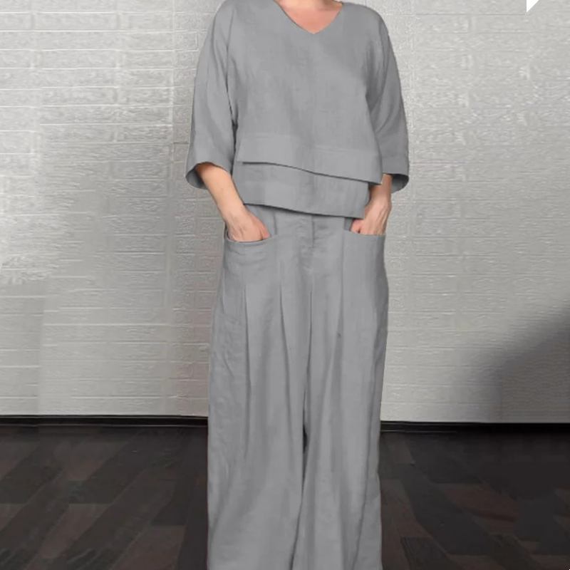 Liza | 2-piece cotton-linen set – V-neck top and wide-leg trousers • S1