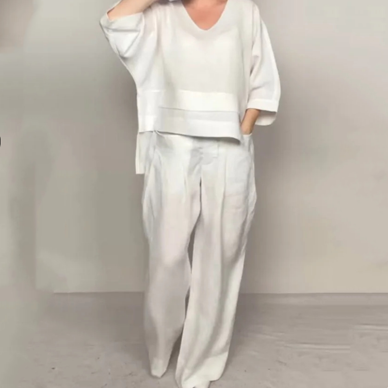 Liza | 2-piece cotton-linen set – V-neck top and wide-leg trousers • S1