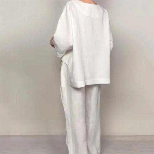 Liza | 2-piece cotton-linen set – V-neck top and wide-leg trousers • S1