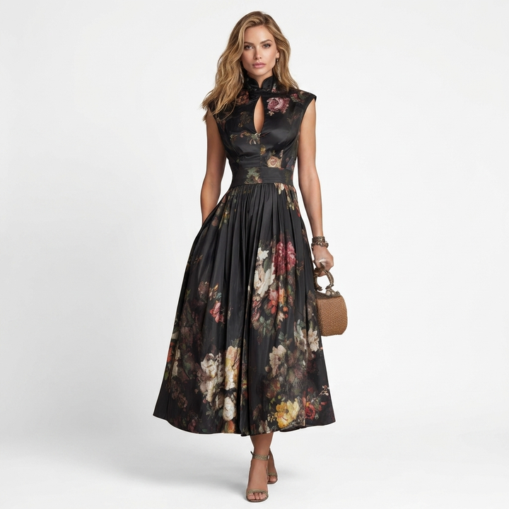 Sophia - Midi Dress with Floral Pleated Design