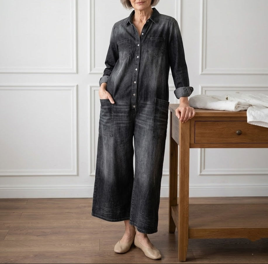 Diana | Vintage Washed Soft Cotton Denim Jumpsuit with Button Closure