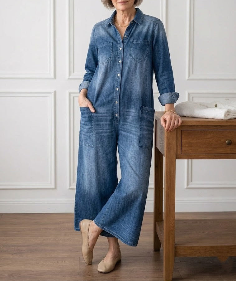 Diana | Vintage Washed Soft Cotton Denim Jumpsuit with Button Closure